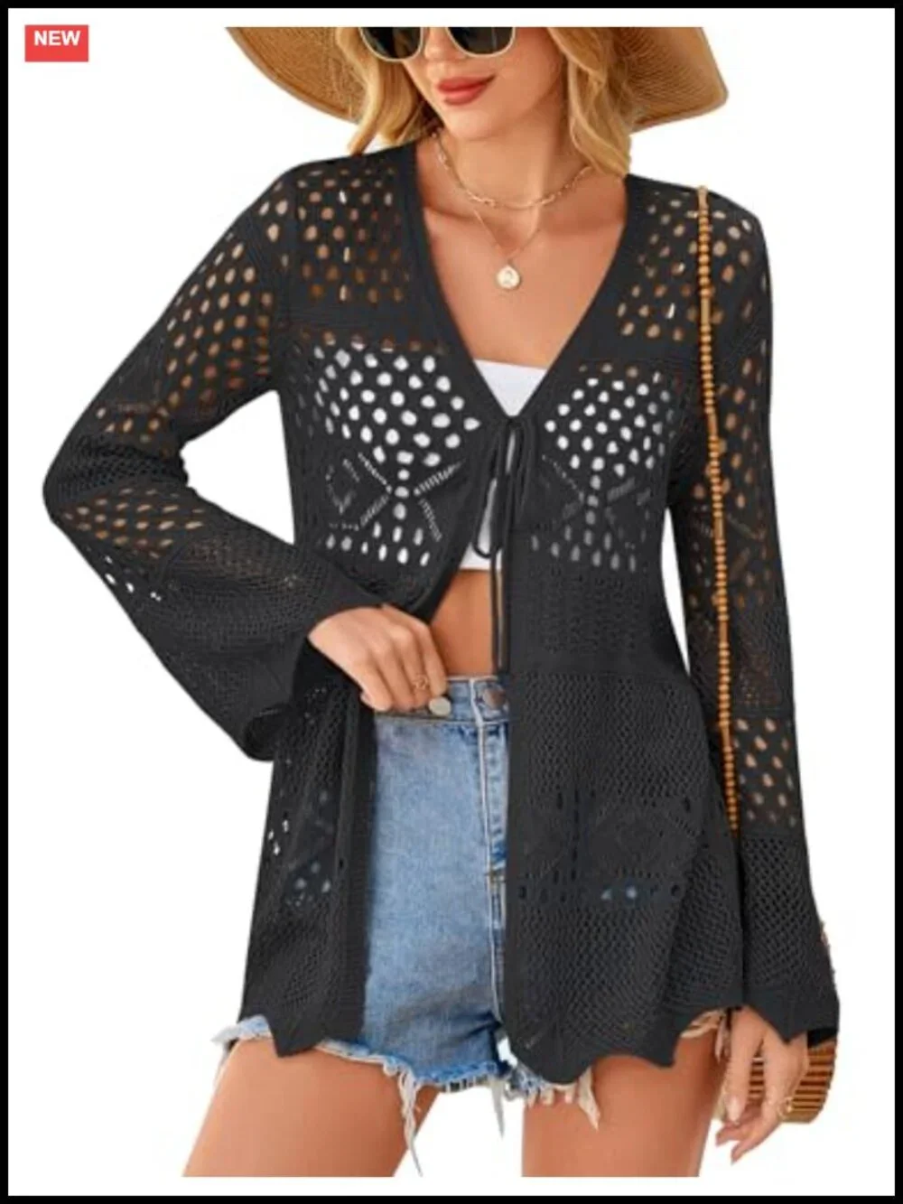 Crochet Summer Lightweight Cardigan with Tie Front and Bell Sleeves